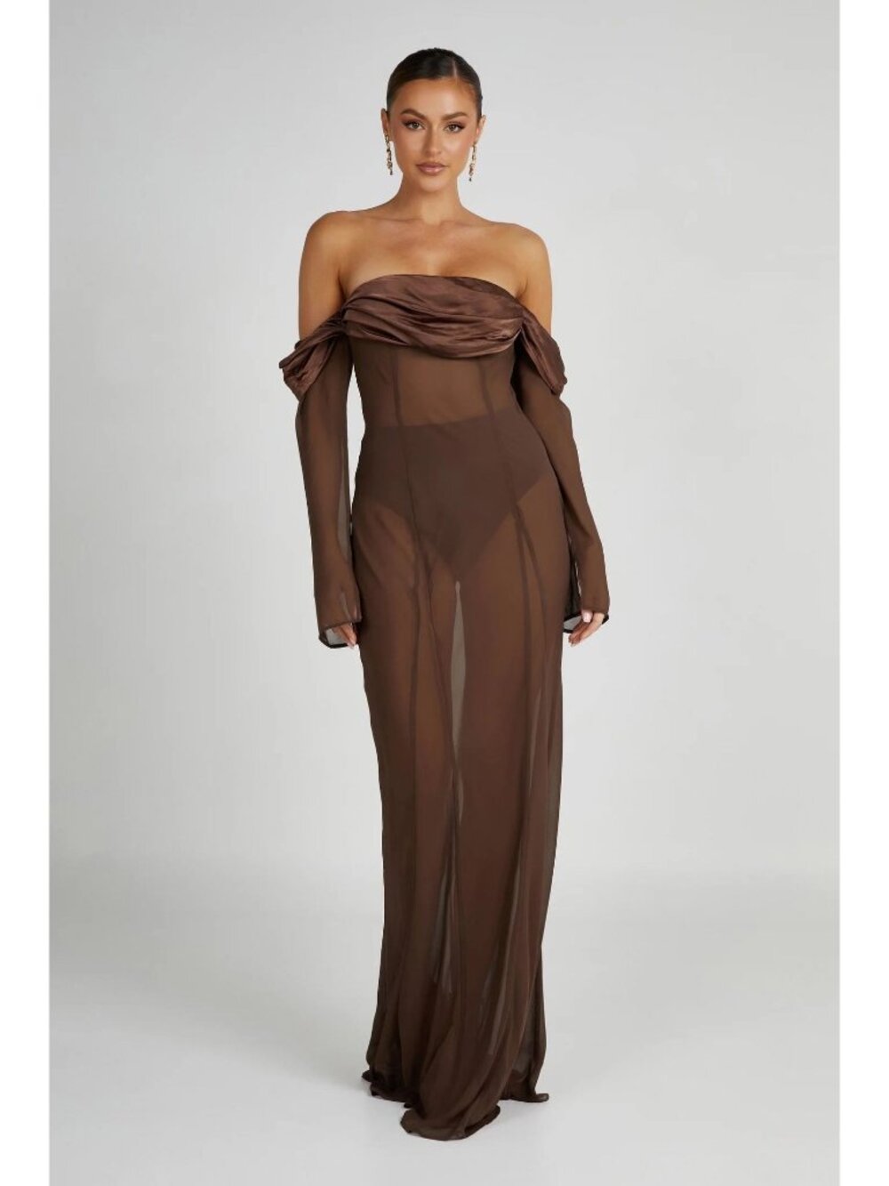 Meshki Ivanna Maxi Dress XL Off The Shoulder Chiffon Mocha Sheer Elegant NEW